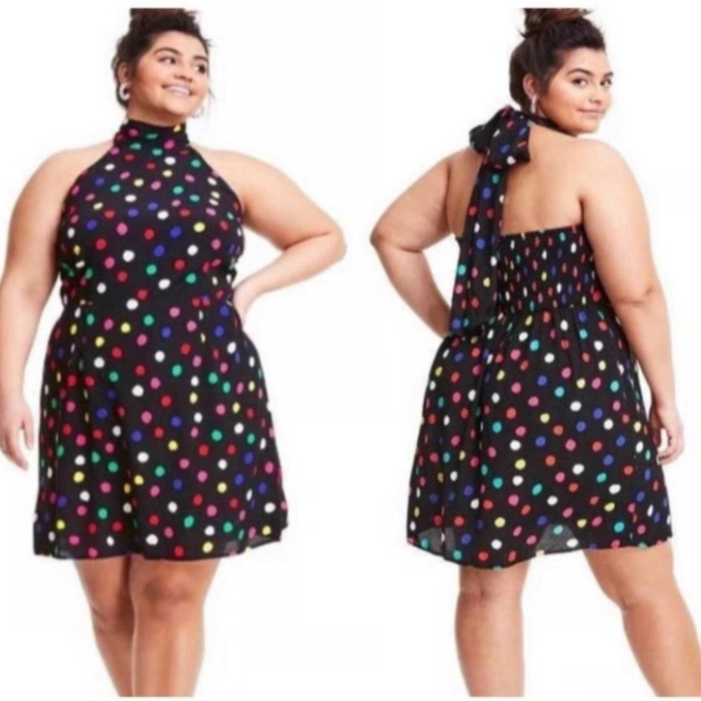 RIXO Black Halter Polka Dot Dress with Multicolor Dots